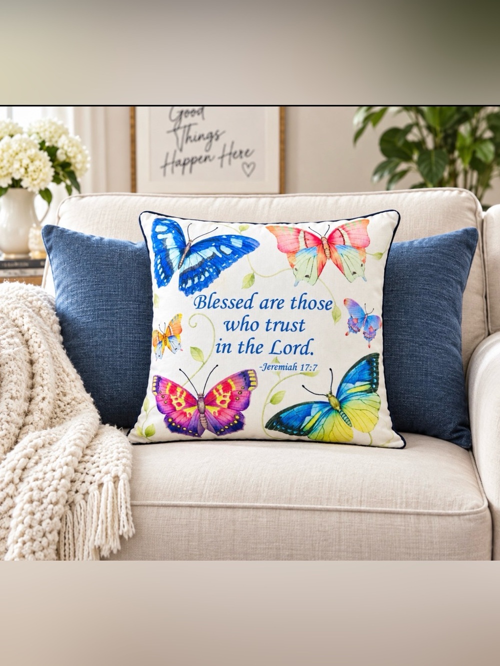 Accent Pillow Butterfly Design - Cream with Multicolor Faith-Inspired - Picture 3 of 3